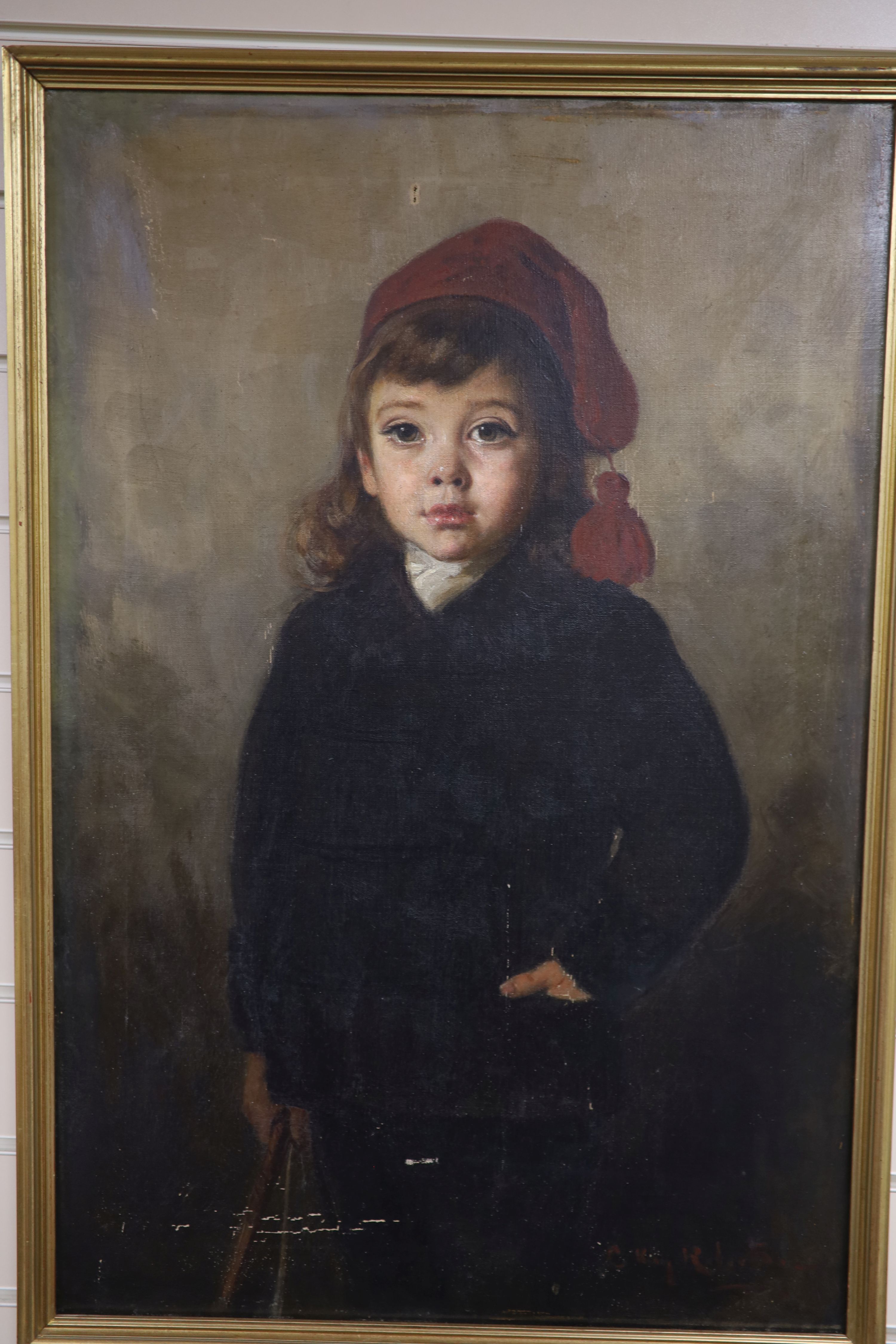 Charles Kay Robertson (fl.1877-1931), oil on canvas, Portrait of a girl wearing a black coat and red cap, signed, 76 x 50cm